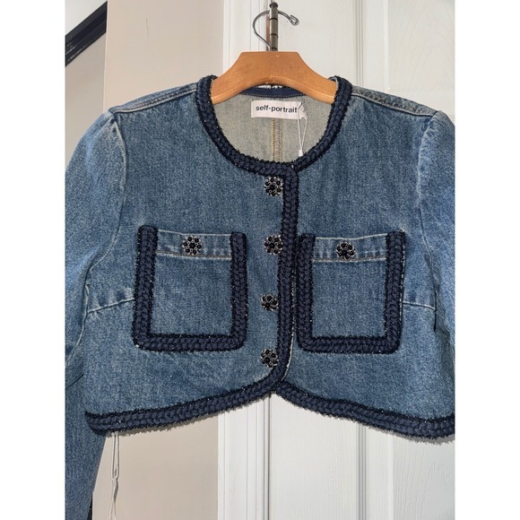 Self-Portrait Denim Jacket Cropped Embellished Buttons Pockets Blue 10 - Picture 6 of 12